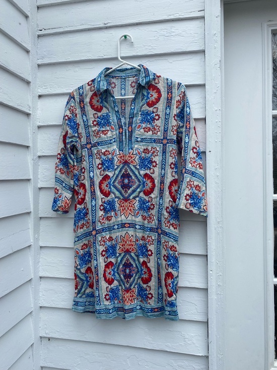 Dresses & Skirts - Floral Linen Tile-Print Midi Dress in Blue & Red Summer Beach Coverup🏝️